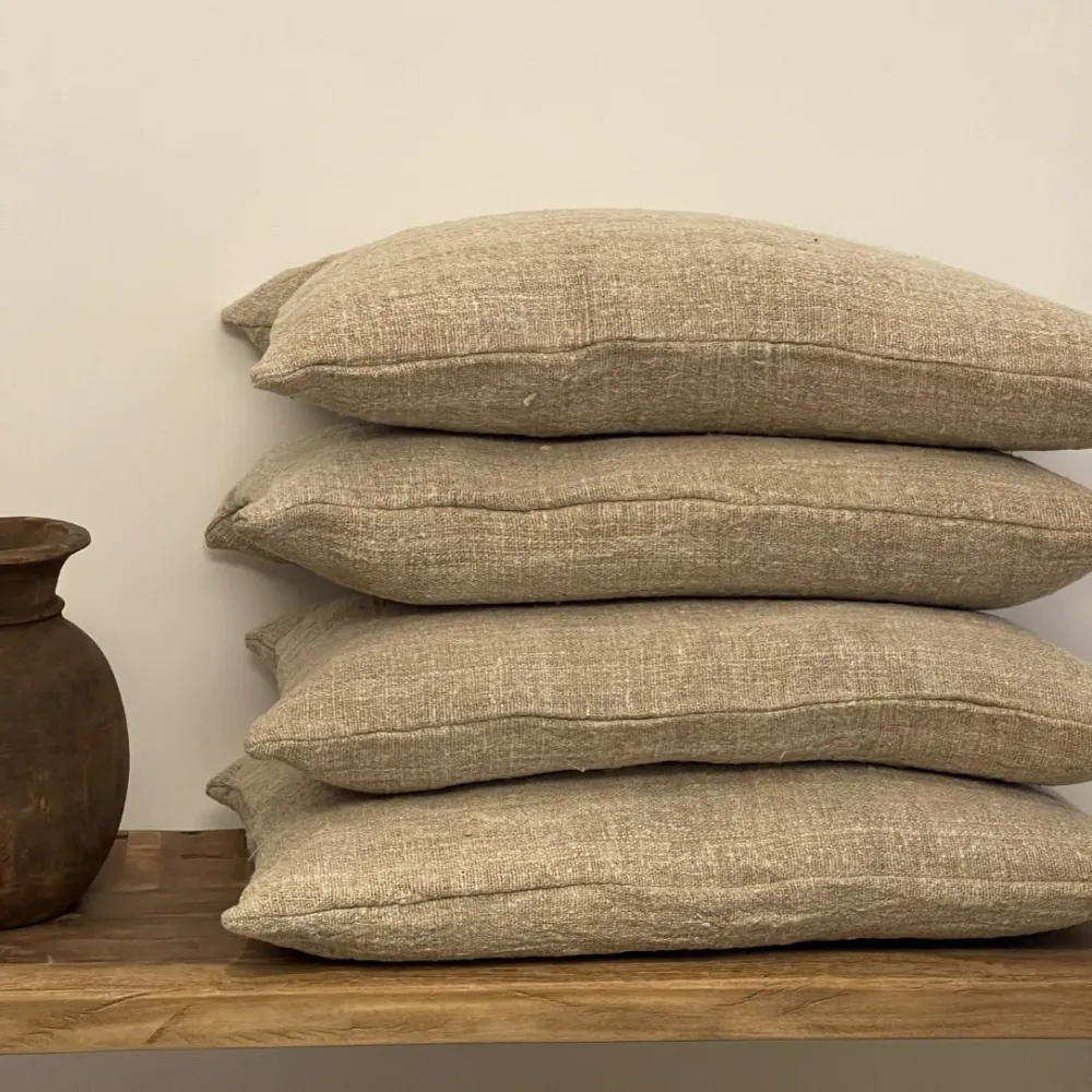 Coussin chanvre ancien très rustique ficelle